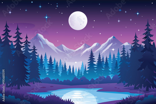 Night Mountain Landscape with Full Moon over Pine Forest and Lake Starry Sky