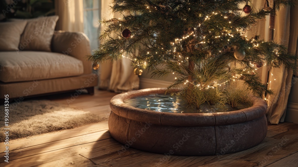 Obraz premium Seasonal centerpiece: Christmas tree in a durable base stand set on a wooden floor in a welcoming home