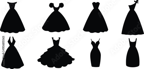 Dress silhouettes, fashion icons, clothing vector, outfit clipart, couture design, elegant style, apparel graphic, feminine symbol, wardrobe illustration, trendy motif