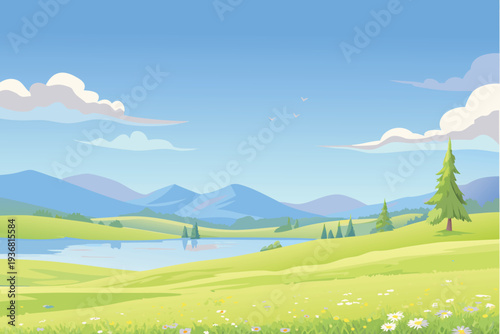 Peaceful Lakeside Meadow with Distant Mountains and Fluffy Clouds Vibrant Green Landscape Stock Illustration