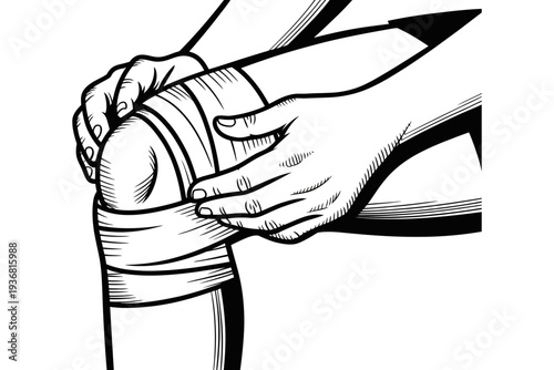 A person wrapping athletic tape around their knee for support and stability