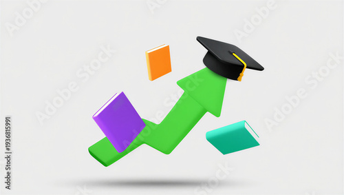 Graduation cap on green arrow with colorful books floating around education concept transparent background