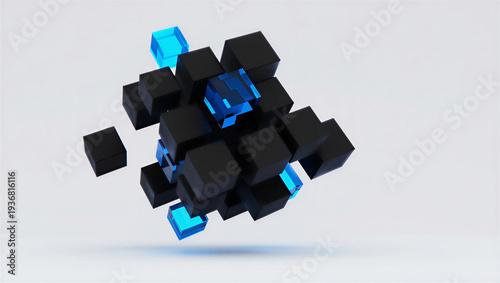 Group of black and blue shiny cubes floating in mid air on gray background transparent background