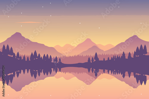 Pixel Art Mountain Landscape Reflection at Sunset with Stars Minimalist