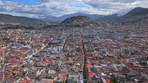 Aerial view of downtown Quito, Ecuador with straight roads and mountains