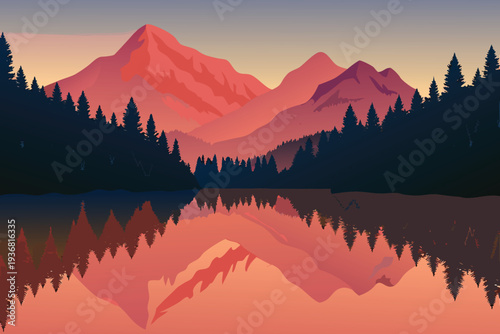 Pixel Art Mountain Landscape Reflection Lake at Sunset Forest Silhouette