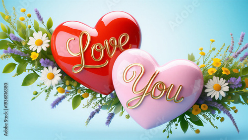 Heart shaped love you text surrounded by colorful flowers and leaves on blue background transparent background