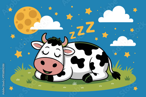 A cow cartoon illustration sleeping peacefully under a starry night sky