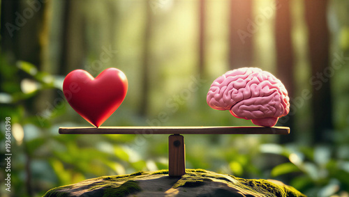 Heart and brain on a seesaw in a forest environment balance transparent background