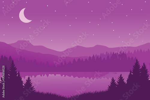 Purple Mountain Lake Night Sky Silhouette Landscape with Crescent Moon and StarsStock Illustration