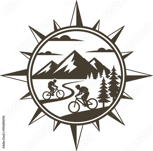 Mountain biking adventure vector icon featuring cyclists on forest trail with mountains and compass rose frame for outdoor travel logo and wilderness exploration design