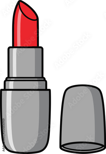 Silver-cased tube of bright red lipstick is shown open with its detached gray cap beside it.