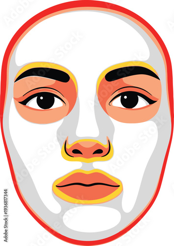 Woman's face illustration shows a white facial mask applied, highlighting eyes and lips with defined features in a beauty context.