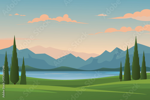 Serene Landscape with Cypress Trees Lake and Mountains at Dusk Stock Illustration
