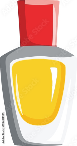 Elegant perfume flacon displays yellow liquid and a bright red cap, rendered in a simplified, stylized graphic format against white.