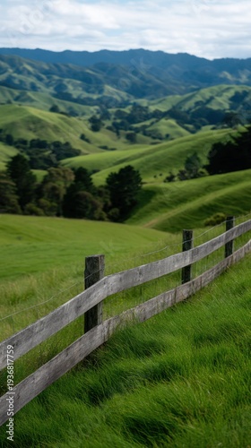 Wallpaper Mural Serene Vertical Shot of Rolling Green Hills Surrounded by a Rustic Wooden Fence Torontodigital.ca