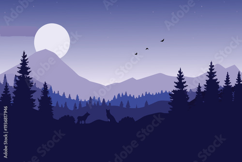 Silhouette Animals in Mountain Forest Landscape at Night with Full Moon and Stars