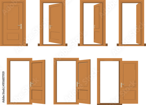 Wooden doors set with different opening stages from closed to fully open vector illustration, architecture design