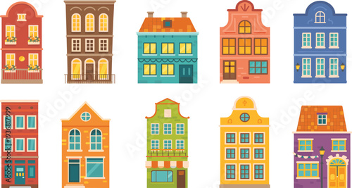 Colorful European house facades set, old town street building vector illustration isolated on white for architecture design