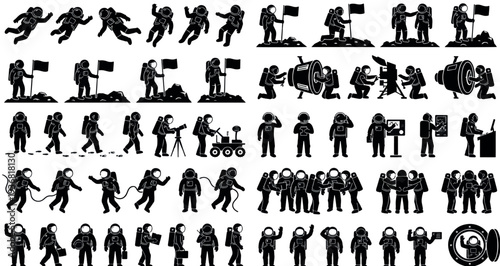 Astronauts and Space Silhouette Set Pack. Editable Vector Illustration. featuring astronaut, space, vector, icon, silhouette, exploration, cosmic, universe, science, moon, planet, mission more.