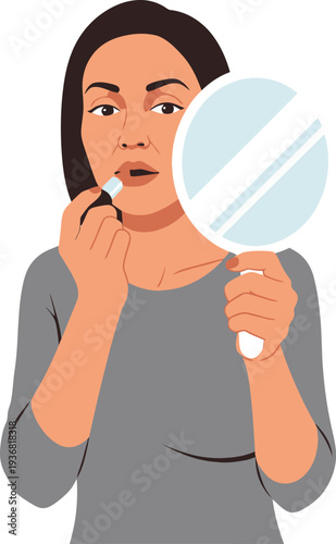 Close-up illustration shows a woman applying light colored lipstick while holding a circular handheld mirror for accurate reflection.