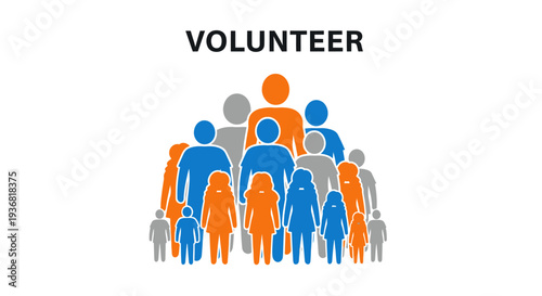 Diverse group of people silhouettes with the word VOLUNTEER