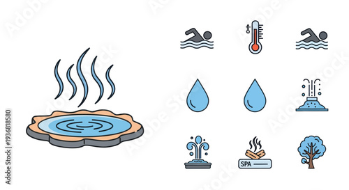 Spa and Wellness Icons: Hot Spring, Swimming, Thermometer, Water Drops, Fountain, Fireplace, Tree