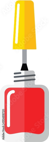 An open bottle of bright red nail polish with a yellow cap and applicator brush is displayed against a white background.