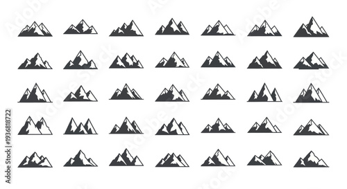 Set of Black Mountain Icons, Peaks Silhouette Collection, Landscape Symbols