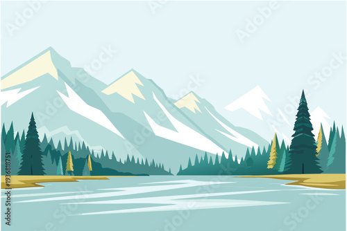 Snowy Mountain Range Reflected in Calm Lake with Pine Forest Stock Illustration