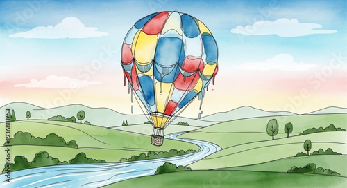 Colorful Hot Air Balloon Floating Over Green Landscape.