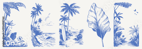 Tropical beach palms flowers surfboard coast vintage. Hand drawn crayon sketch drawing line art set with shoreline, waves, plants and leaf silhouettes. Retro island summer travel graphics.