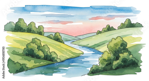 Scenic Landscape with River and Rolling Hills.