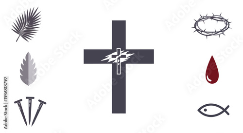 Christian Symbols: Cross, Crown of Thorns, Palm Leaf, Blood Drop, Nails, Fish