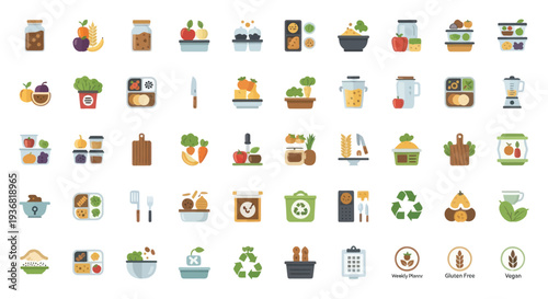 Healthy Food Icons: Fresh Produce, Jars, Kitchen Tools, and Recycling Symbols