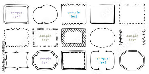 Hand drawn border frames, Doodle sketch picture frame, Round and square, Vector decoration elements/ミリペンで描いたかわいい手描きのフレーム、飾り枠のセット