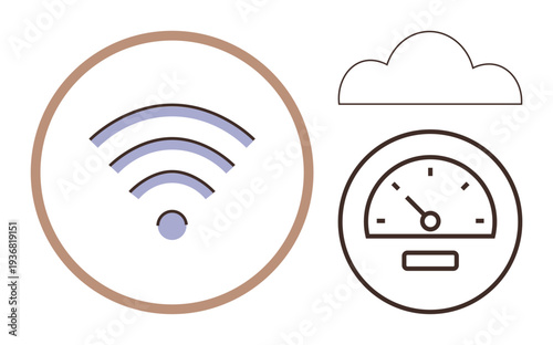 Internet usage, connection, data flow, technology, networking, performance. Symbols include a wireless signal, a speedometer and a cloud outline. Internet usage and connection concept