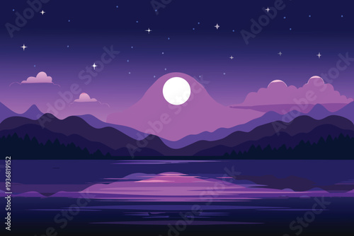 Stylized Mountain Lake at Night with Moon and Stars Purple Hues Flat Design
