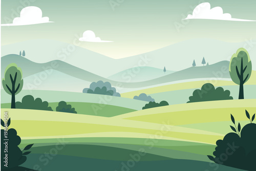 Stylized Rolling Hills with Trees and Clouds Peaceful Countryside Landscape