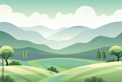 Stylized Rolling Hills and Mountains with Trees and Clouds Vector Landscape Illustration
