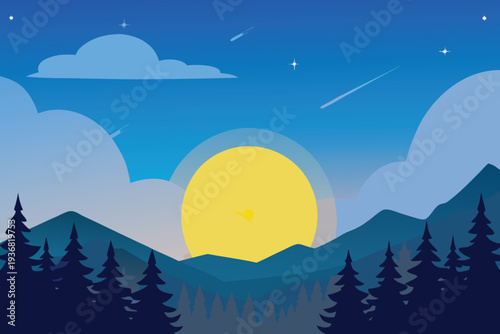 Sunrise over mountains with pine trees and shooting stars flat design vector illustration
