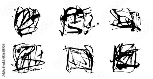 Grunge ink abstract rectangle elements. Dynamic shapes background with grunge texture abstract brush. Black backdrop design elements, gritty patterns, energetic splash for poster. Vector template bg.