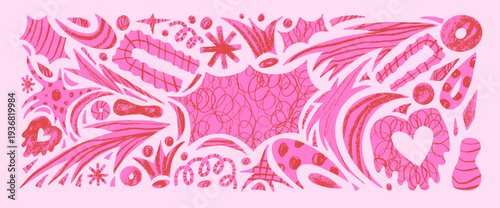 Girly cutout abstract geometric shapes background. Geometry and freeform coquette pink red collage naive doodle figures. Scrapbook stickers with arch stars, arrows, heart shape. Vector illustration.