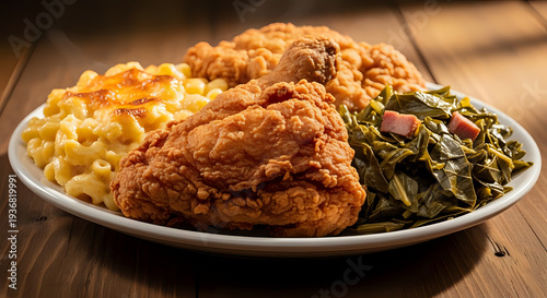 Delicious Southern style fried chicken with mac and cheese and collard greens