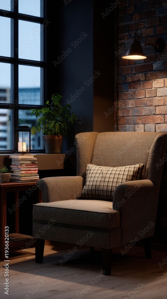 custom made wallpaper toronto digitalCozy Corner with Armchair, Small Table, Stack of Books, and Warm Lighting