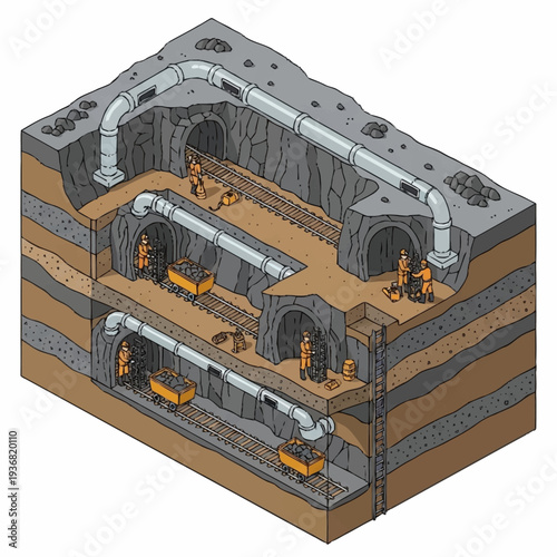 Isometric Cross-Sectional View of a Multi-Level Underground Mine with Workers and Equipment.