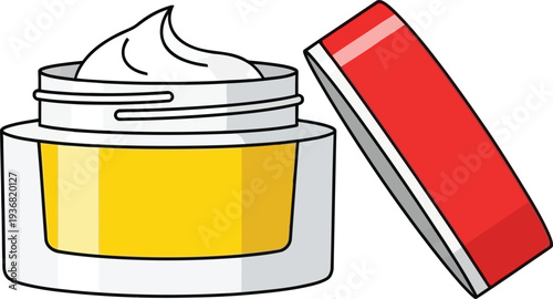 A clear glass jar of thick yellow cosmetic cream sits next to its open red lid against a white background.