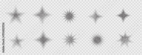 Starburst graphic featuring gradient spray effects. Dotted halftone grainy noise twinkles. Stipple spark and shimmering elements. Vector dotworks grit shapes illustration on transparent background.