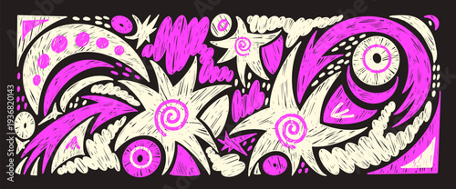 Hand drawn neon vibrant colors stars, irregular blobs, arrows crayon drawn pattern background set. Kindergarten chalk elements doodle isolated. twinkles dynamic linocut elements. Vector illustration.