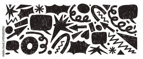 Abstract geometric shapes with speech bubbles charcoal.Black naive bangs and promo text boxes. Hand drawn callout elements with textured brush strokes. Childish vector scribble figures for creative bg